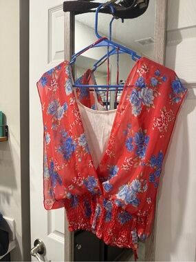 579 Red Floral Sheer Blouse with Blue Flowers